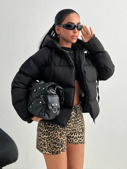 EURMUSE Y2K Women's Hooded Zip Up Side Pocket Detailed Puffer Winter Coat