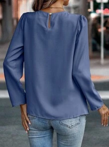 SHEIN Clasi Women's Solid Color Round Neck Pleated Simple Shirt, Casual Everyday Wear - Dusty Blue - View 2