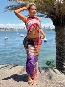 SHEIN SXY Beach;Floral Vintage Print Multi-Color A-Line Skirt For Women, Suitable For Dating, Outing, Vacation, Spring/Summer - Multicolor - View 3