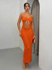 SHEIN BAE Women's Solid Color Hollow Back Halter Neck Slim Fit Knitted Dress - Orange - View 5