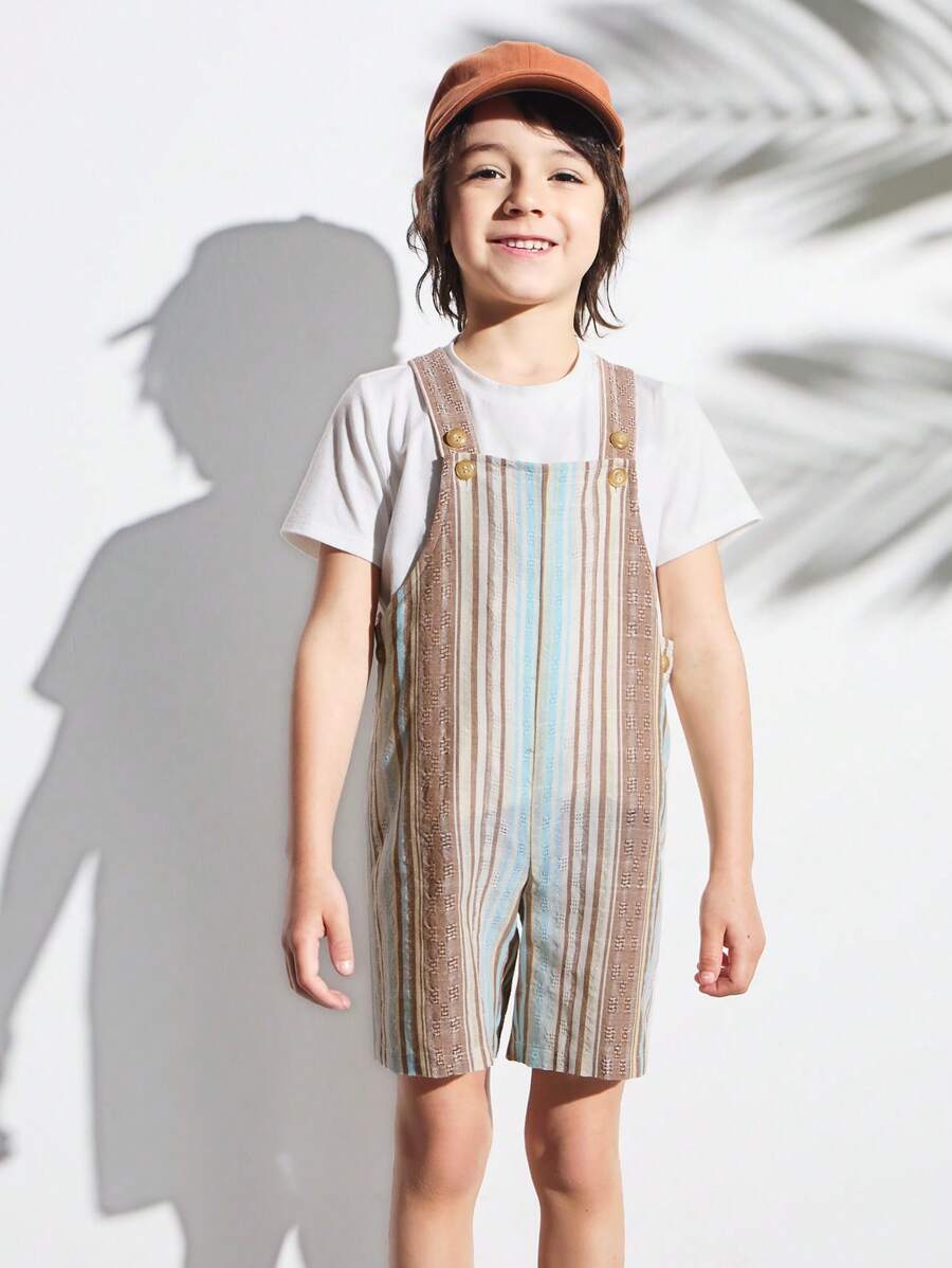 SHEIN Conjuntos de pantalón de tirantes a rayas y camiseta blanca para niños pequeños, estilo básico de vacaciones - Caqui - Ver 1