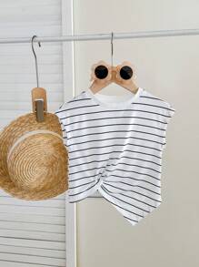 SHEIN Babygirl 夏季可爱百搭针织扭纹条纹背心 - 黑與白 - 查看 3