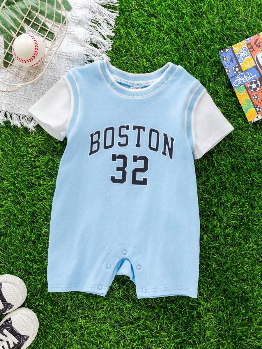 SHEIN Baby Boy/Girl Casual Sports Loose Letter Print Colorblock Knitted Rompers, Suitable For Spring & Summer Indoor/Outdoor Wear - Blue - View 1