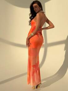 Aloruh Orange Floral Mesh Maxi Slit Bodycon Slip Dress For Women - Burnt Orange - View 3