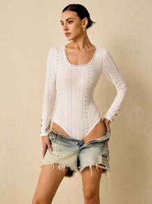 Poéselle Women's Wedding Season Lace Trim Long Sleeve Bodysuit High Elastic Jacquard Fabric - White - View 6