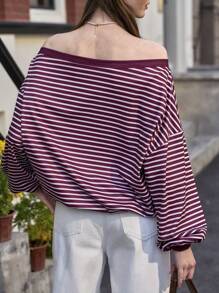 Jouncy Women's Khaki Striped Off Shoulder Long Sleeve Casual Sweatshirt, Suitable For Autumn/Winter Pullover Fall Outfit