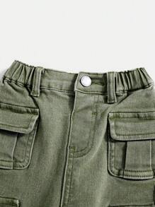 SHEIN 男婴街头酷炫多口袋高弹力紧身浅绿色牛仔工装裤，休闲时尚男婴春夏装 - 軍綠色 - 查看 3