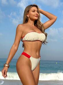 SHEIN Swim 女士褶皱红白对比绑带优雅甜美假日比基尼套装，夏季海滩度假 - 紅白色 - 查看 3