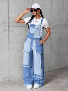 SHEIN EZwear Women's Solid Color Splicing Wide Strap Pocket Casual Denim Bib Pants - Blue - View 3