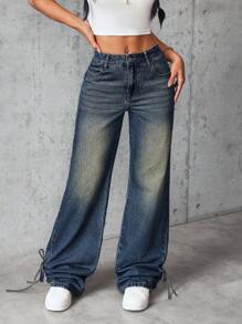 SHEIN EZwear 女式宽松直筒休闲牛仔裤，带口袋 - 藍色 - 查看 3