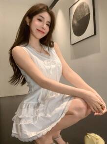 DAZY 镂空蕾丝拼布 V 领系带蝴蝶结装饰长款衬衫，适合女士夏季外出上衣 - 白色 - 查看 7