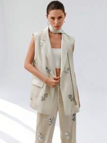 Aveloria Modichic 缎面重磅亮片串珠系带背心西装外套与西装裤组成高端现代时尚优雅精致的西装套装 - 彩色 - 查看 6