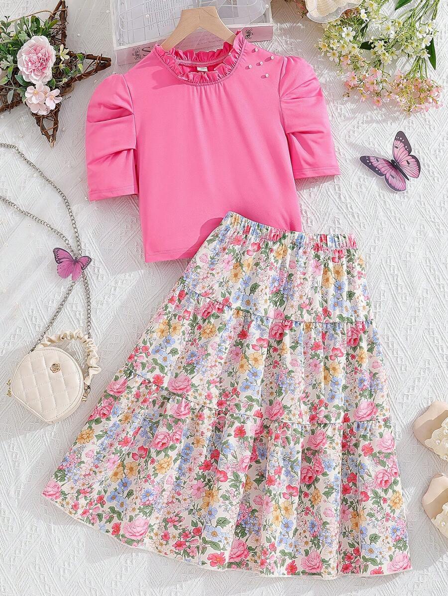 SHEIN 青少年女孩春夏木耳圆领仿珍珠上衣羊角短袖碎花裙两件套套装适合旅行和派对清新优雅套装、度假、夏季、旅行