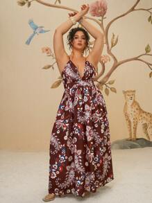 Travachic Plus Size Casual Brown Floral & Print Long Dress, Sleeveless Cinched Waist Vacation Dress For Women - Brown - View 3