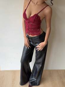 Aloruh 女士紧身透视蕾丝蝴蝶结镂空吊带背心紧身酒红色吊带背心