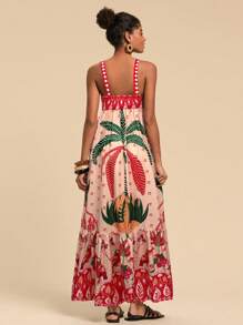 Travachic Vestido largo tipo camiseta sin mangas con volantes y estampado de plantas