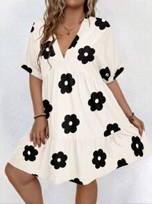 EMERY ROSE 大码女式花卉印花 V 领宽松蝙蝠袖休闲短袖连衣裙，春夏