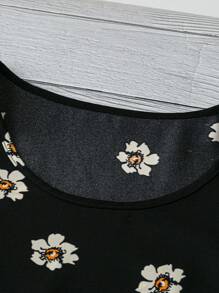 Linhara Plus Size Woman Simple Round Neck Floral Cap Sleeved Summer Outfits Clothes Loose Everything Holiday Casual Shirt - Black - View 5