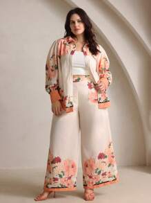 Anewsta Set de blusa y pantalones estampado floral de mujer tejido, estilo romántico de resort, primavera/otoño - Albaricoque - Ver 6