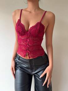 Aloruh 女士紧身透视蕾丝蝴蝶结镂空吊带背心紧身酒红色吊带背心