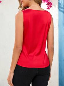 SHEIN Clasi Women's Elegant Red Satin Crew Neck Sleeveless Shirt Blouse - Red - View 2