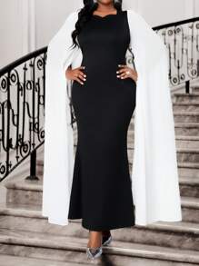 SHEIN Lady Women's Black And White Elegant Traditional Formal Wedding Guest Dress,Summer Plus Size Knitted Chiffon Sweetheart Cloak Sleeve Contrast Mesh Dress - Black and White - View 1