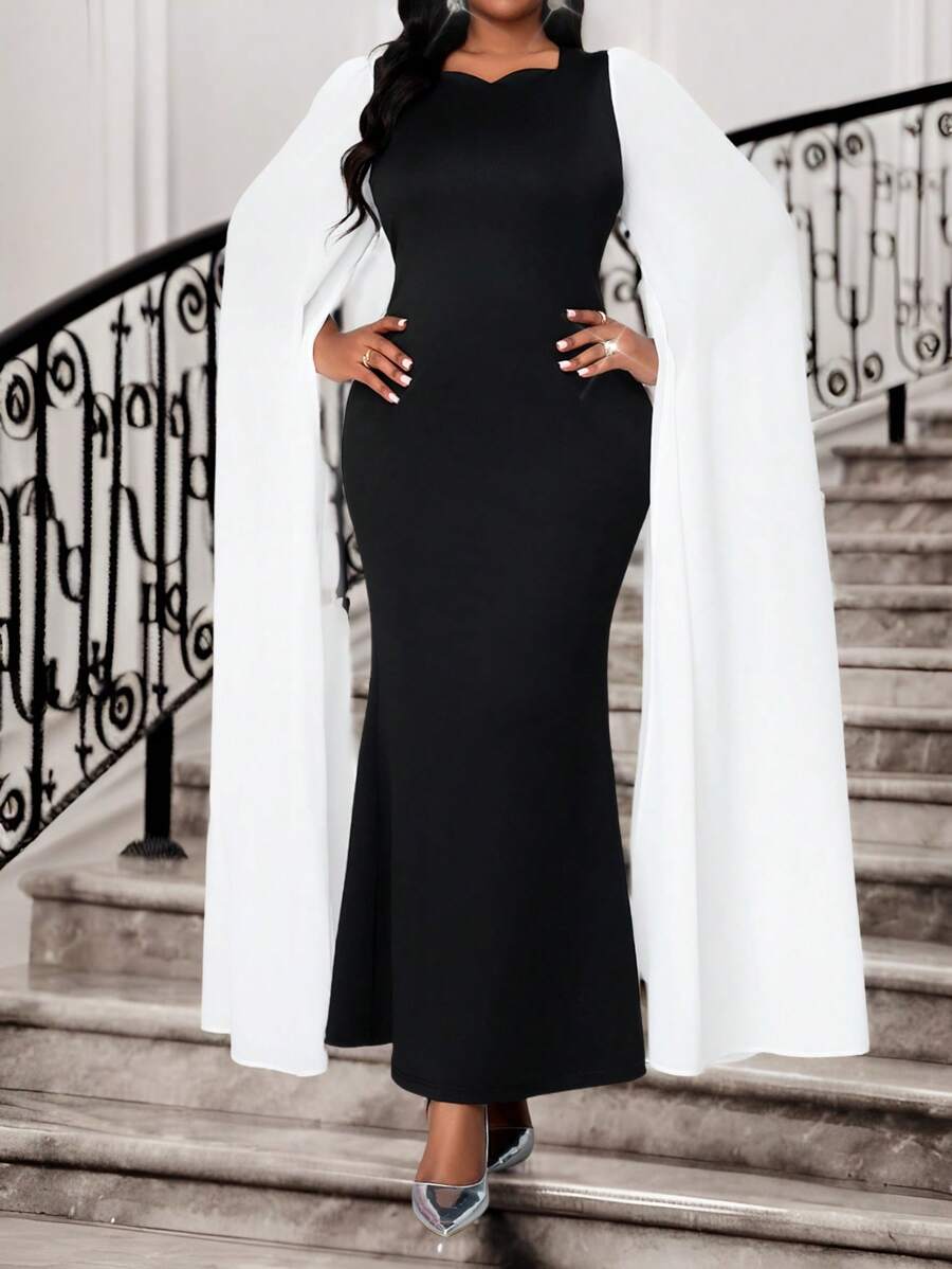 SHEIN Lady Women's Black And White Elegant Traditional Formal Wedding Guest Dress,Summer Plus Size Knitted Chiffon Sweetheart Cloak Sleeve Contrast Mesh Dress - Black and White - View 1