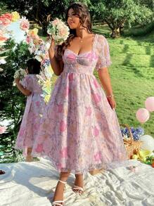 SHEIN Clasi Halloween Plus Size Ladies Elegant Woven Short Sleeve Bra Cup Double Layer Organza Random Flower Pattern Pullover Dress - Dusty Pink - View 1