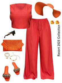 Slaydiva 2 pièces Ensemble femme grande taille débardeur à col en V en jacquard et pantalon pattes d'éléphant, rouge rouille - Blanc - Voir 1