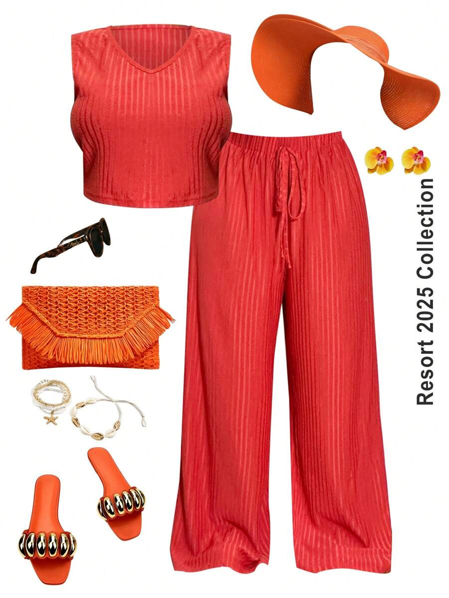 Slaydiva 2 pièces Ensemble femme grande taille débardeur à col en V en jacquard et pantalon pattes d'éléphant, rouge rouille - Blanc - Voir 1