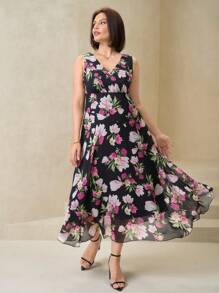 Chikora Spring Women's Black Base Red Chiffon Floral Print Sleeveless Plus Size Dress, Elegant Coat Beautiful Clothing Women Dresses Elegant Dresses Women Summer Dresses Women Summer Dresses Elegant Women Dresses Summer Dresses Plus Size Women Dresses Summer Elegant Women Dresses Holiday Dresses