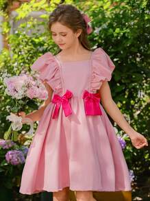 Wildeya Tween-Mädchen Elegantes, kurzes Kleid mit Blumendruck und Rüschen und Schleife, geeignet für Sommer und Frühling, ideal für Partys und den Urlaub