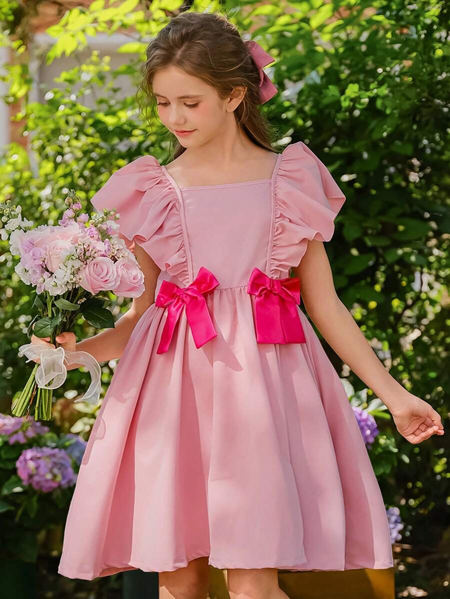 Wildeya Tween-Mädchen Elegantes, kurzes Kleid mit Blumendruck und Rüschen und Schleife, geeignet für Sommer und Frühling, ideal für Partys und den Urlaub