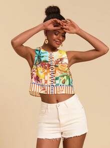 Travachic Canotta corta aderente da donna in misto lino, con stampa di frutti tropicali, senza maniche, stile boho, comoda e alla moda, adatta per vacanze estive - Multicolore - Visualizzare 6