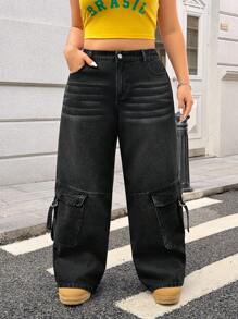 SHEIN EZwear Women's Plus Size Washed Wide Leg Cargo Jeans