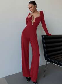 Aloruh 深 V 金属扣黑色紧身性感 H 型女式连体裤 - 酒紅色 - 查看 7