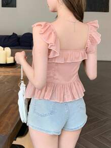 DAZY Áo cánh chiffon xếp nếp dây rút cho nữ - trắng - Xem 5