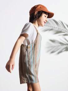 SHEIN Conjuntos de pantalón de tirantes a rayas y camiseta blanca para niños pequeños, estilo básico de vacaciones - Caqui - Ver 4