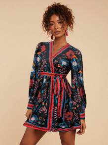 Travachic Váy sơ mi họa tiết hoa tay dài cho nữ, váy - màu đen - Xem 1