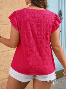 SHEIN VCAY Blusa de mujer talla grande de unicolor con cuello cuadrado y mangas de campana plisadas, ideal para vacaciones, linda blusa de verano, perfecta para un brunch - Rosa Fucsia - Ver 2