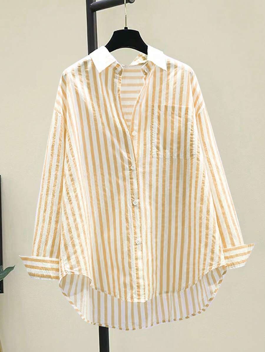 INAWLY Women's Casual Striped Print Long Sleeve Chest Pocket Shirt, Autumn &Winter Fall Cloth For Women - Khaki - View 1