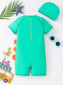 SHEIN Buy 1 Get 1 Free! Buy Swimsuit Get Matching Cap: Young Boys Cute Cartoon Ocean Shark, Skateboard, Coconut Tree, Dinosaur, Letter, Tree, House Colorblock Raglan Sleeve One-Piece Swimsuit + Matching Cap Set. Suitable For Beach, Swimming, Surfing, Vacation, Spring And Summer - Green - View 2