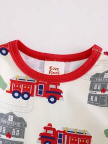 Cozy Pixies Baby Boy Cartoon Cars Print Colorblock Knit Soft Crew Neck Long Sleeve Top & Elastic Waist Long Pants Snug Fit 2 Pieces Pajamas - Red - View 6