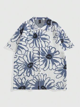 Street Life Top en tricot à manches courtes avec motif floral jacquard pour homme