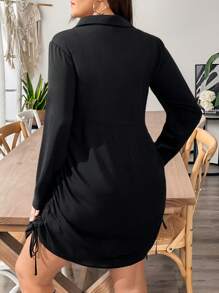SHEIN Essnce Plus Size Women's Spring And Summer Fashion Casual Loose Comfortable Daily Cool Black Long Sleeve Button Shirt Dress,Spring Outfits For Women,Work Dress,Office Wear,Church Clothes Women