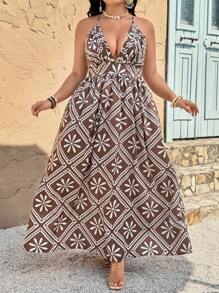 SHEIN VCAY Plus Size Floral Print Spaghetti Strap Backless Dress,Brown Summer Boho Vacation Wedding Guest Holiday Outfits,Western Tropical Beach Tea Party Dress - Multicolor - View 1