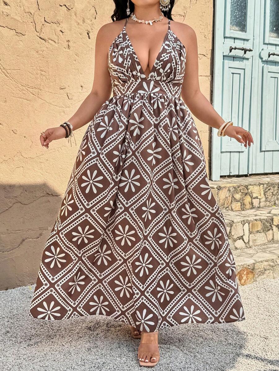 SHEIN VCAY Plus Size Floral Print Spaghetti Strap Backless Dress,Brown Summer Boho Vacation Wedding Guest Holiday Outfits,Western Tropical Beach Tea Party Dress - Multicolor - View 1