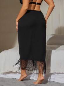 Swim Lushoire Plus Size Women 1pc Long Fringe Hem Sexy Beach Casual Vacation Matching Cover Up Skirt, Summer - Black - View 2