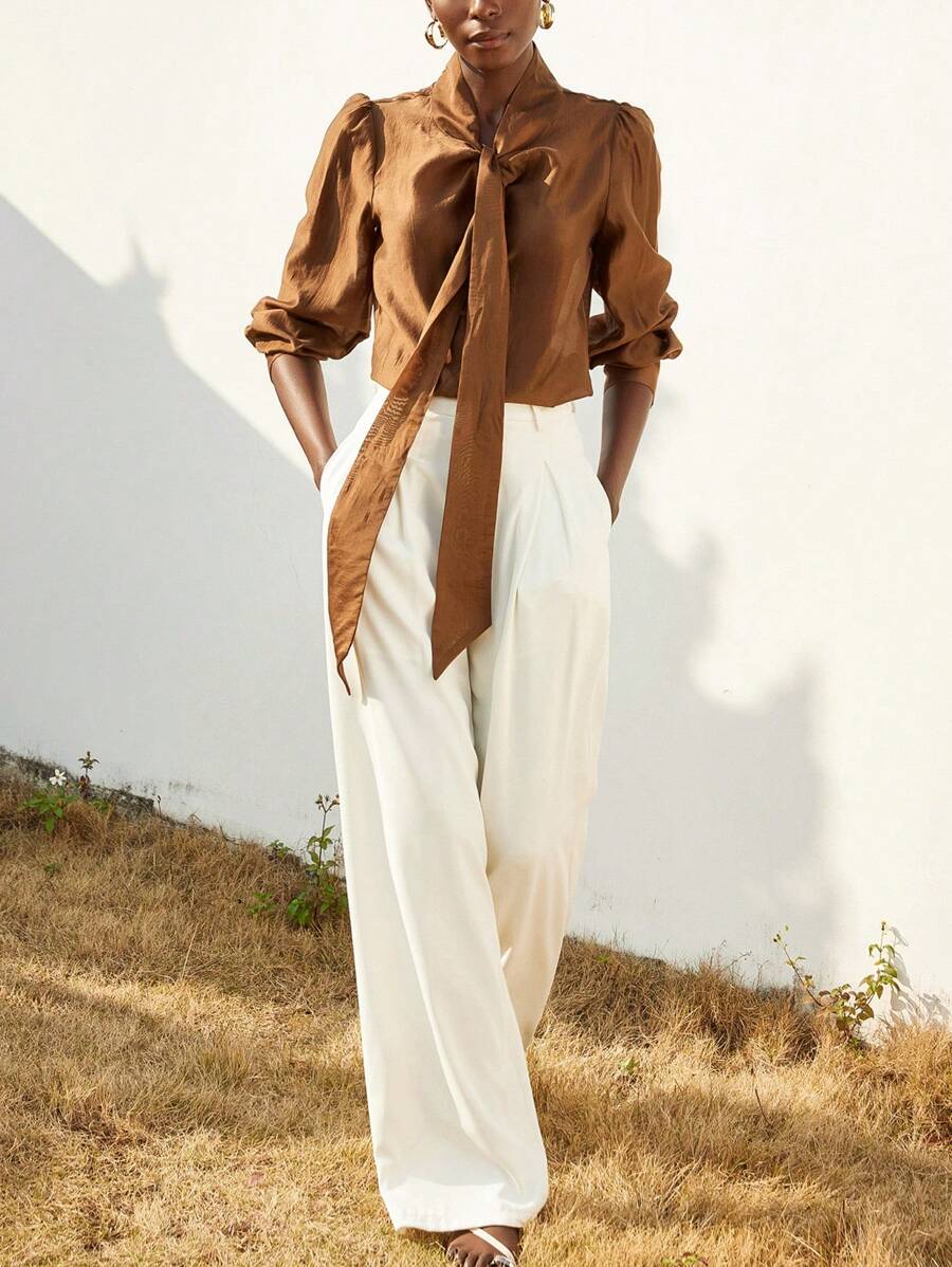 Aveloria Modichic Áo cánh tay dài cài nút cổ nơ lãng mạn bằng vải chiffon rộng rãi thanh lịch dành cho nữ - màu nâu - Xem 1