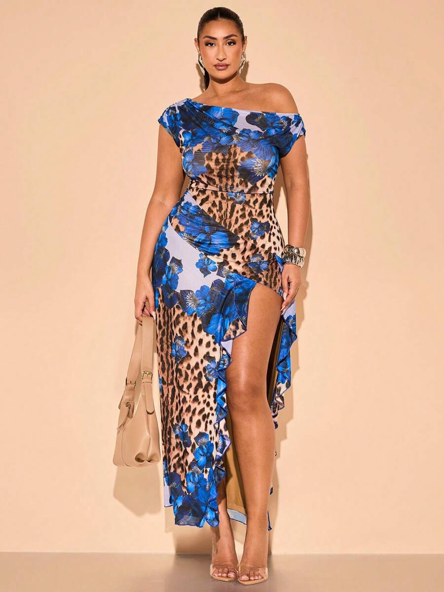 SHEIN BAE 加大码不对称领口高开叉豹纹花卉印花连衣裙，女士生日礼服